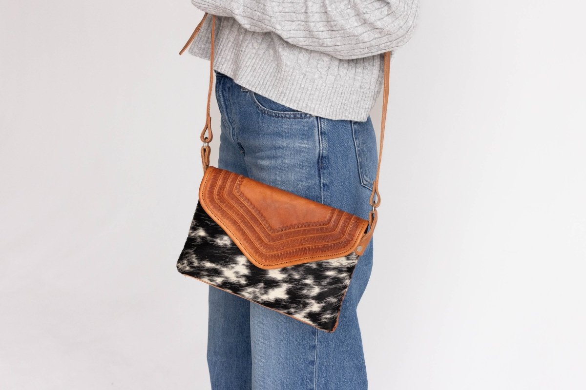 Amedi - Hand - Tooled Leather & Cowhide Crossbody - Mama Ponchos