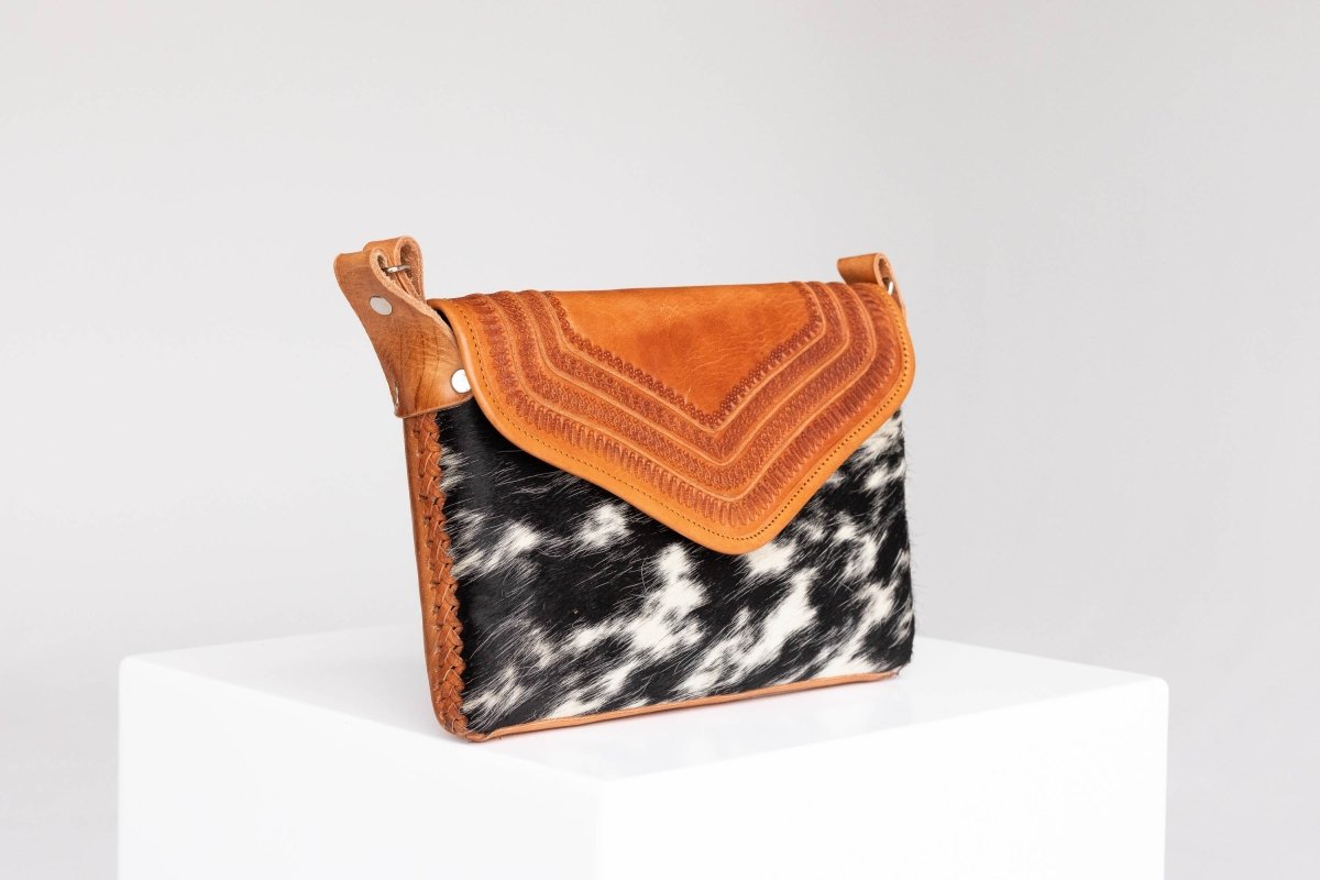 Amedi - Hand - Tooled Leather & Cowhide Crossbody - Mama Ponchos