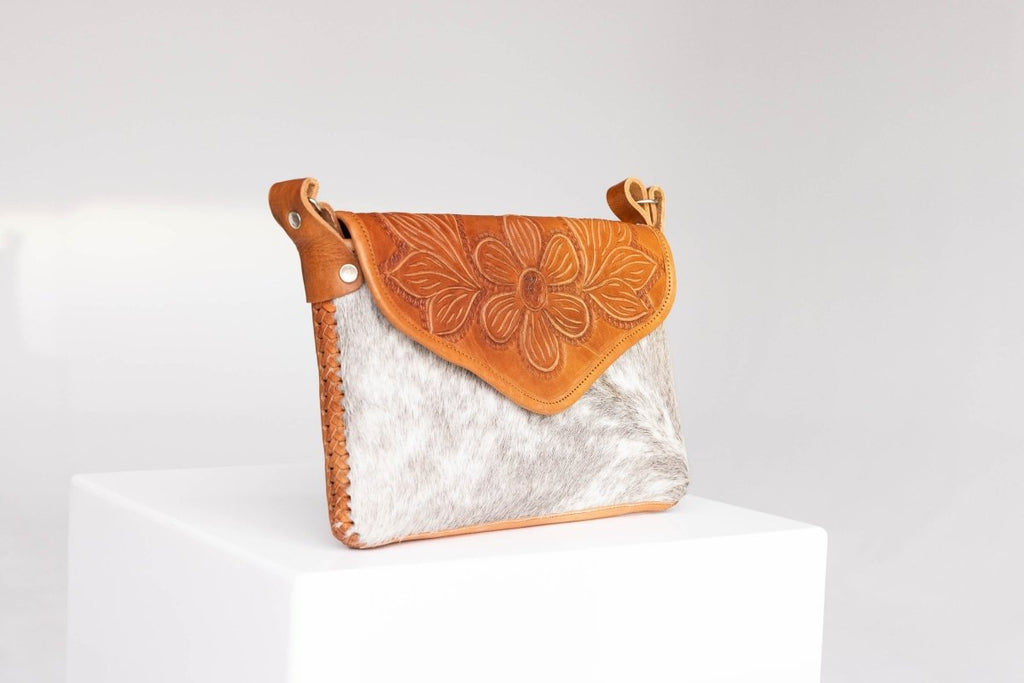 Amedi - Hand - Tooled Leather & Cowhide Crossbody - Mama Ponchos