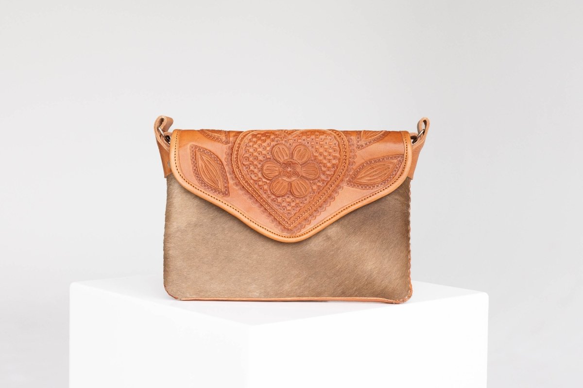 Amedi - Hand - Tooled Leather & Cowhide Crossbody - Mama Ponchos
