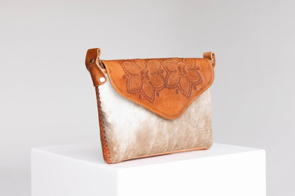 Amedi - Hand - Tooled Leather & Cowhide Crossbody - Mama Ponchos