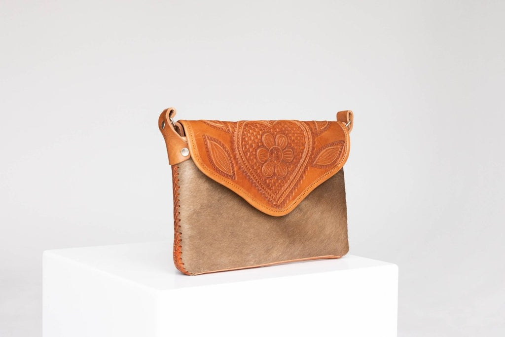 Amedi - Hand - Tooled Leather & Cowhide Crossbody - Mama Ponchos