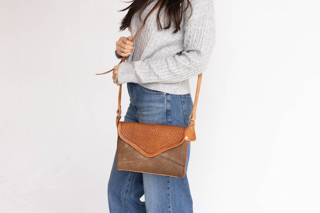 Amedi - Hand - Tooled Leather & Cowhide Crossbody - Mama Ponchos