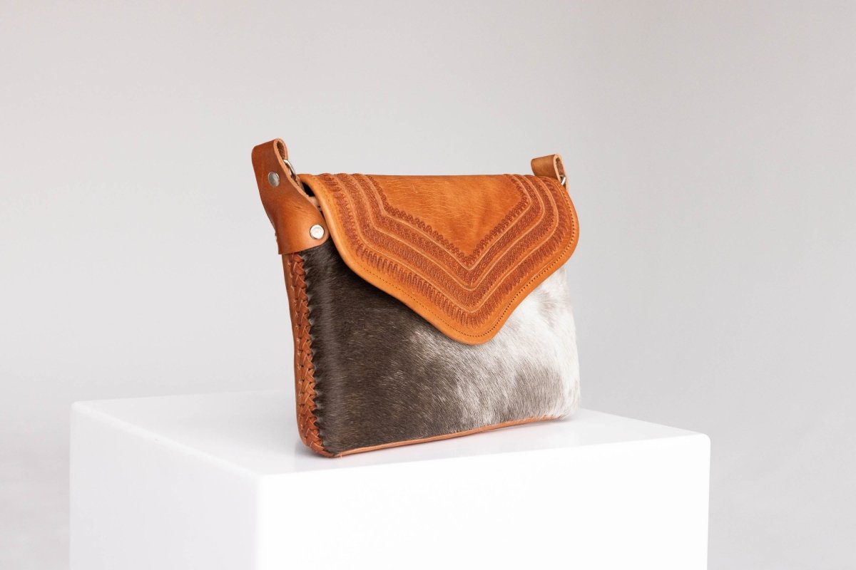 Amedi - Hand - Tooled Leather & Cowhide Crossbody - Mama Ponchos