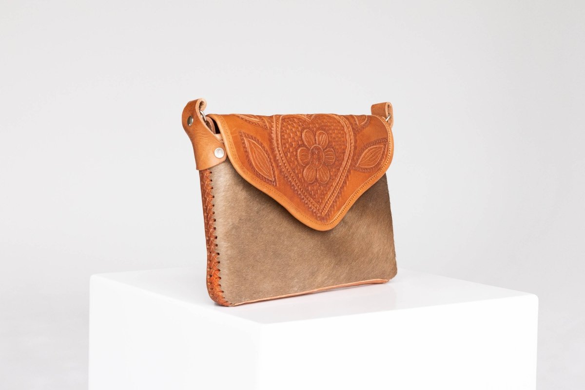 Amedi - Hand - Tooled Leather & Cowhide Crossbody - Mama Ponchos