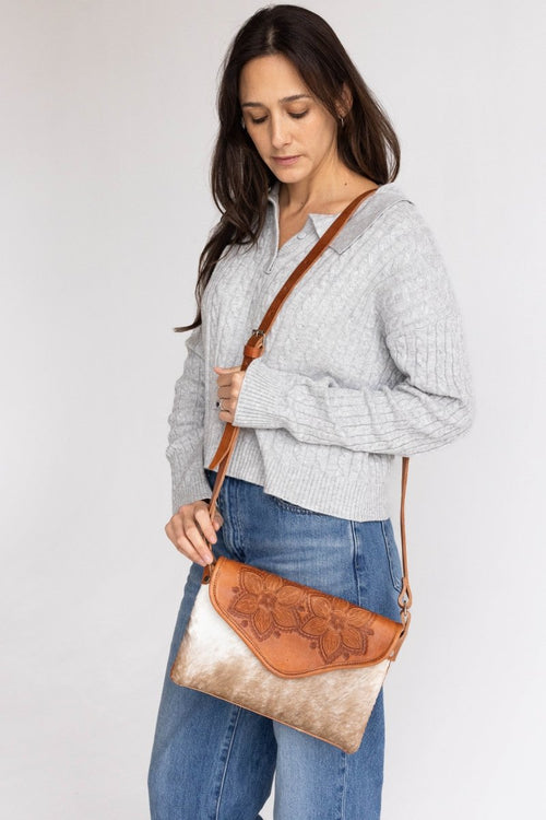 Amedi Two Flowers - Leather & Cowhide Crossbody - Mama Ponchos