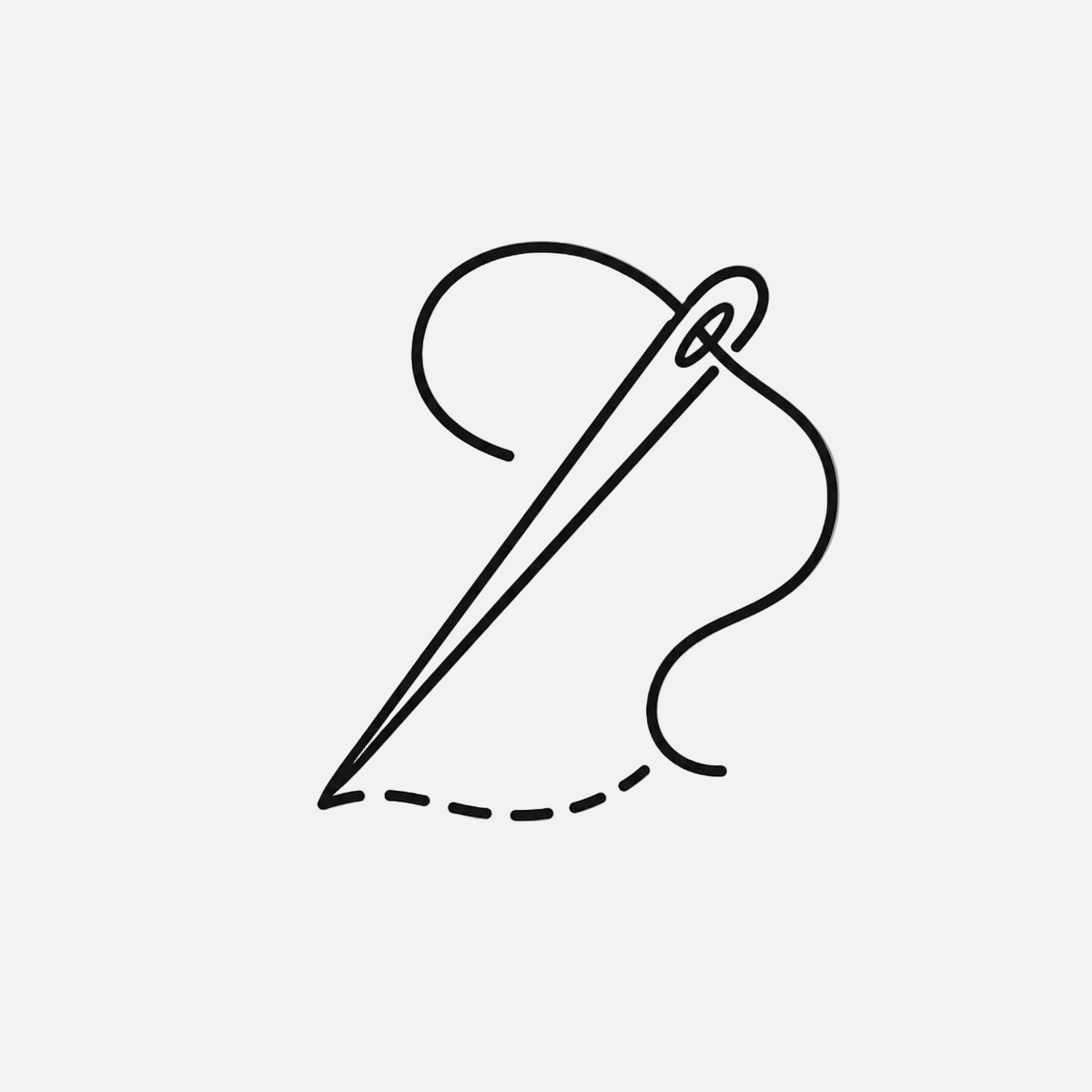 A minimalist black line icon of a sewing needle with thread on a solid white background.