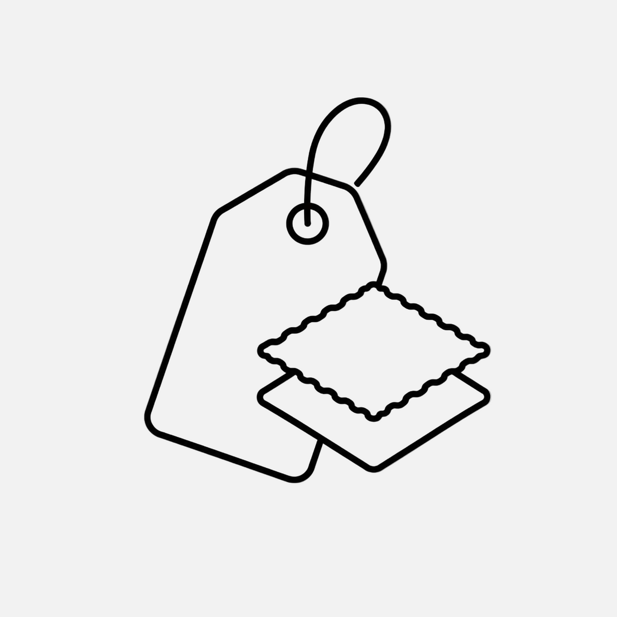 A minimalist black line icon depicting a hanging price tag with a small folded fabric tag or label attached, on a plain white background.