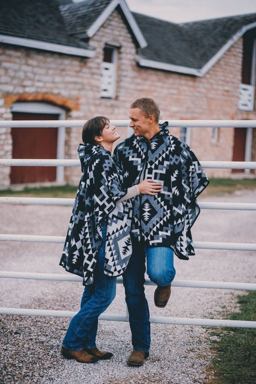 Poncho Aymara Black & White – Reversible Handmade Poncho with Hoodie - Mama Poncho LLC