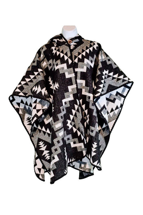 Poncho Aymara Black & White – Reversible Handmade Poncho with Hoodie - Mama Poncho LLC
