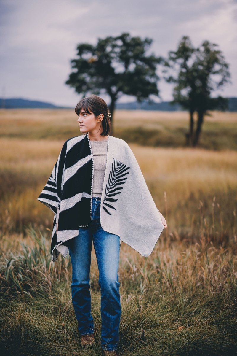 Shawl Palm Black – Handmade Reversible Unisex Poncho - Mama Poncho LLC