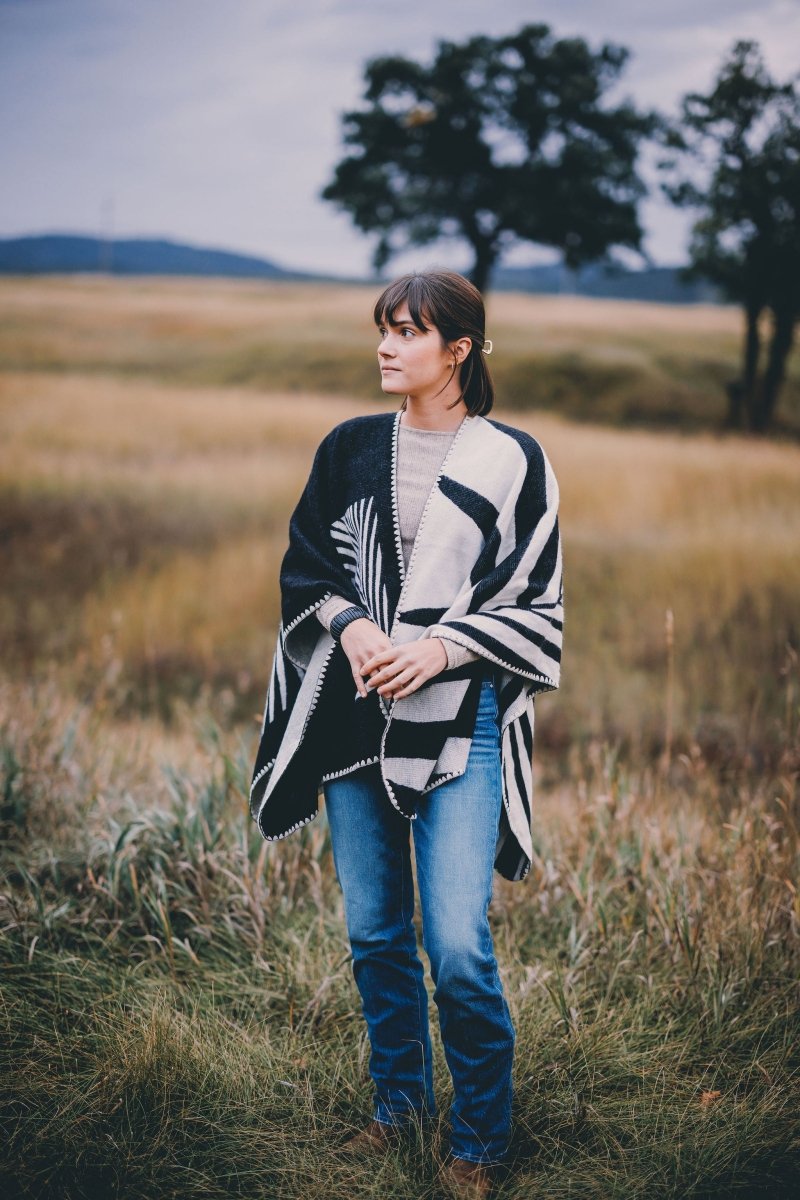 Shawl Palm Black – Handmade Reversible Unisex Poncho - Mama Poncho LLC